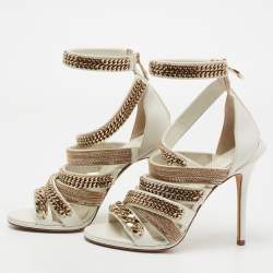 Roberto Cavalli White Leather Embellished Ankle Strap Sandals Size 36 
