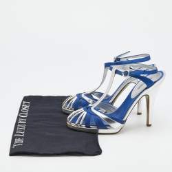 Roberto Cavalli Silver/Blue Leather And Satin T-Strap Sandals Size 36