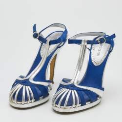 Roberto Cavalli Silver/Blue Leather And Satin T-Strap Sandals Size 36