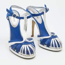 Roberto Cavalli Silver/Blue Leather And Satin T-Strap Sandals Size 36