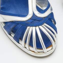 Roberto Cavalli Silver/Blue Leather And Satin T-Strap Sandals Size 36