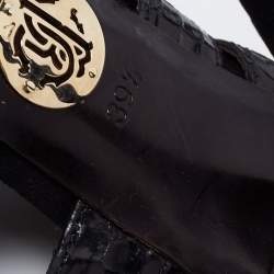 Pre Owned Roberto Cavalli Black Snakeskin Embossed Leather and Suede Ankle Strap Sandals Size 39.5