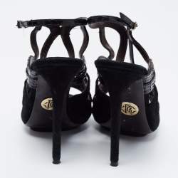 Pre Owned Roberto Cavalli Black Snakeskin Embossed Leather and Suede Ankle Strap Sandals Size 39.5