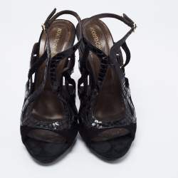 Pre Owned Roberto Cavalli Black Snakeskin Embossed Leather and Suede Ankle Strap Sandals Size 39.5