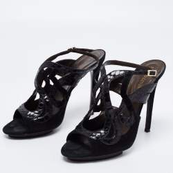 Pre Owned Roberto Cavalli Black Snakeskin Embossed Leather and Suede Ankle Strap Sandals Size 39.5