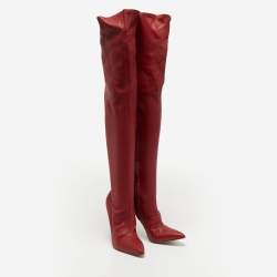 Pre Owned Roberto Cavalli Red Leather Knee Length Boots Size 38.5
