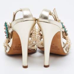 مملوكة مسبقًا Roberto Cavalli Metallic Gold Leather Embellished Ankle Strap Sandals Size 36