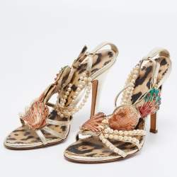 مملوكة مسبقًا Roberto Cavalli Metallic Gold Leather Embellished Ankle Strap Sandals Size 36
