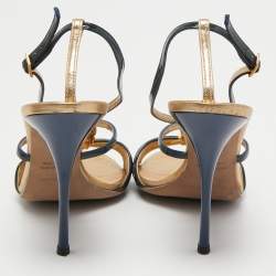 مملوكة مسبقًا Roberto Cavalli Navy Blue Patent Leather Slingback Sandals Size 39