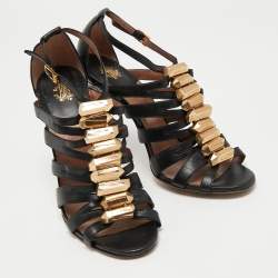 مملوكة مسبقًا Roberto Cavalli Black Leather Strappy Sandals Size 39