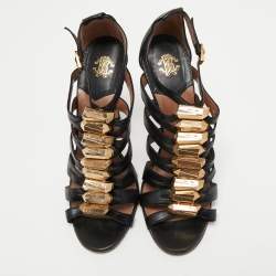 مملوكة مسبقًا Roberto Cavalli Black Leather Strappy Sandals Size 39