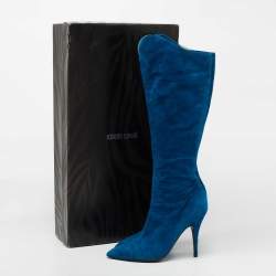 Pre Owned Roberto Cavalli Blue Suede Calf Length Boots Size 40