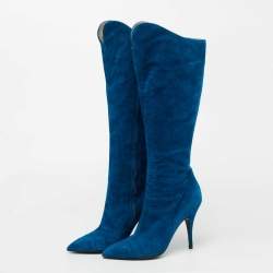 Pre Owned Roberto Cavalli Blue Suede Calf Length Boots Size 40