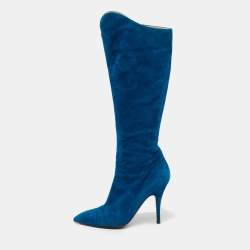 Pre Owned Roberto Cavalli Blue Suede Calf Length Boots Size 40