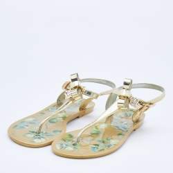 Pre Owned Roberto Cavalli Gold Jelly Embellished Thong Flat Sandals Size 37.5