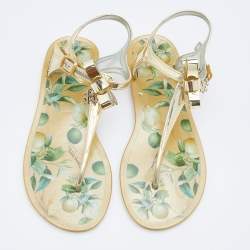 Pre Owned Roberto Cavalli Gold Jelly Embellished Thong Flat Sandals Size 37.5