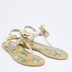 Pre Owned Roberto Cavalli Gold Jelly Embellished Thong Flat Sandals Size 37.5