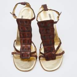 Pre Owned Roberto Cavalli Brown Crocodile Leather Ankle Strap Sandals Size 38