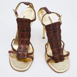 Pre Owned Roberto Cavalli Brown Crocodile Leather Ankle Strap Sandals Size 38