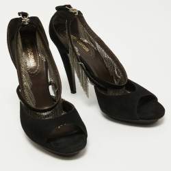 Pre Owned Roberto Cavalli Black Suede Chain Embellished Ankle Strap Sandals Size 37