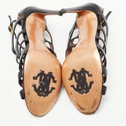 Pre Owned Roberto Cavalli Brown/Gold Leather Crystal Embellished Ankle Strap Sandals Size 36