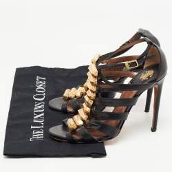 Pre Owned Roberto Cavalli Brown/Gold Leather Crystal Embellished Ankle Strap Sandals Size 36