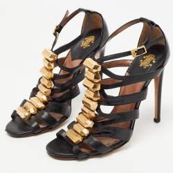 Pre Owned Roberto Cavalli Brown/Gold Leather Crystal Embellished Ankle Strap Sandals Size 36
