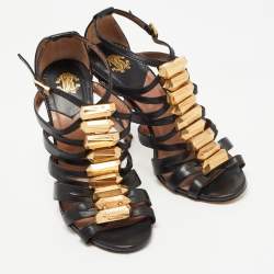 Pre Owned Roberto Cavalli Brown/Gold Leather Crystal Embellished Ankle Strap Sandals Size 36