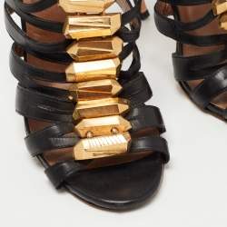 Pre Owned Roberto Cavalli Brown/Gold Leather Crystal Embellished Ankle Strap Sandals Size 36