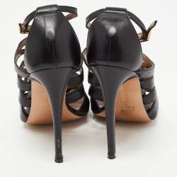 Pre Owned Roberto Cavalli Brown/Gold Leather Crystal Embellished Ankle Strap Sandals Size 36