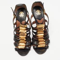 Pre Owned Roberto Cavalli Brown/Gold Leather Crystal Embellished Ankle Strap Sandals Size 36