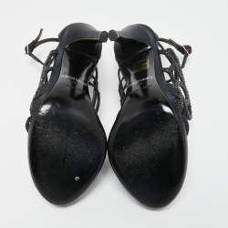 مملوكة مسبقًا Roberto Cavalli Navy Blue Satin Crystal Embellished Ankle Strap Sandals Size 38