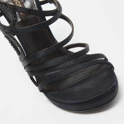 مملوكة مسبقًا Roberto Cavalli Navy Blue Satin Crystal Embellished Ankle Strap Sandals Size 38