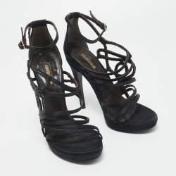 مملوكة مسبقًا Roberto Cavalli Navy Blue Satin Crystal Embellished Ankle Strap Sandals Size 38