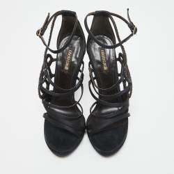 مملوكة مسبقًا Roberto Cavalli Navy Blue Satin Crystal Embellished Ankle Strap Sandals Size 38