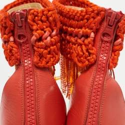 Roberto Cavalli Orange Leather and Woven Fabric Fringes Ankle Strap Sandals Size 40