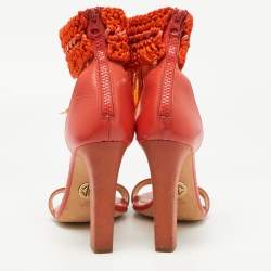 Roberto Cavalli Orange Leather and Woven Fabric Fringes Ankle Strap Sandals Size 40