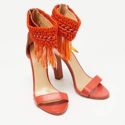 Roberto Cavalli Orange Leather and Woven Fabric Fringes Ankle Strap Sandals Size 40