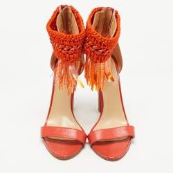 Roberto Cavalli Orange Leather and Woven Fabric Fringes Ankle Strap Sandals Size 40