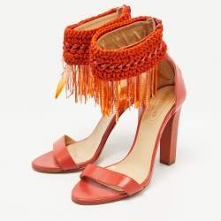Roberto Cavalli Orange Leather and Woven Fabric Fringes Ankle Strap Sandals Size 40