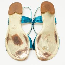 Pre Owned Roberto Cavalli Blue Satin Embellished Ankle Strap Flat Sandals Size 40