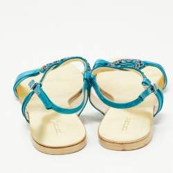 Pre Owned Roberto Cavalli Blue Satin Embellished Ankle Strap Flat Sandals Size 40