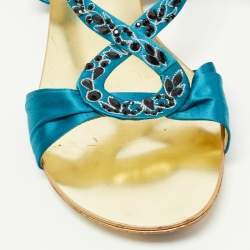 Pre Owned Roberto Cavalli Blue Satin Embellished Ankle Strap Flat Sandals Size 40