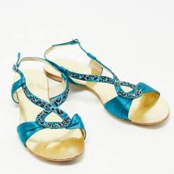 Pre Owned Roberto Cavalli Blue Satin Embellished Ankle Strap Flat Sandals Size 40