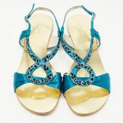 Pre Owned Roberto Cavalli Blue Satin Embellished Ankle Strap Flat Sandals Size 40