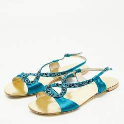 Pre Owned Roberto Cavalli Blue Satin Embellished Ankle Strap Flat Sandals Size 40
