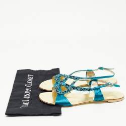 Pre Owned Roberto Cavalli Blue Satin Embellished Ankle Strap Flat Sandals Size 40