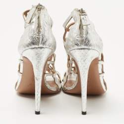 Pre Owned Roberto Cavalli Silver Cutout Leather Spider Web Cage Booties Size 38.5