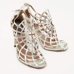 Pre Owned Roberto Cavalli Silver Cutout Leather Spider Web Cage Booties Size 38.5