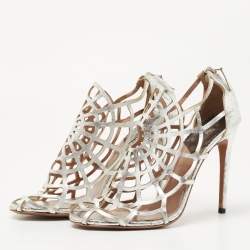 Pre Owned Roberto Cavalli Silver Cutout Leather Spider Web Cage Booties Size 38.5